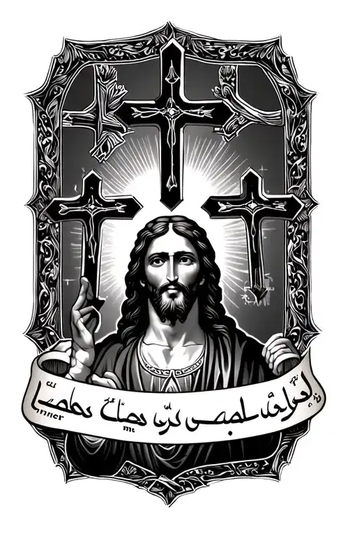 The words, Lord Jesus Christ, have mercy on me a sinner in Arabic with three crosses and a picture of Jesus Christ  tattoo design idea