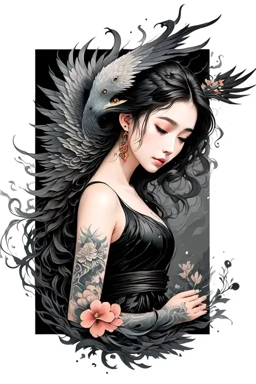 A Japanese style flowing phoenix with smoke and flowers wrapping partially around the forearm below a young woman wearin tattoo design idea