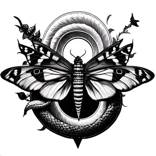 Realistic black and grey spine tattoo design featuring a feminine and fierce [insert motif: snake, moth, dagger, etc.]  tattoo design idea