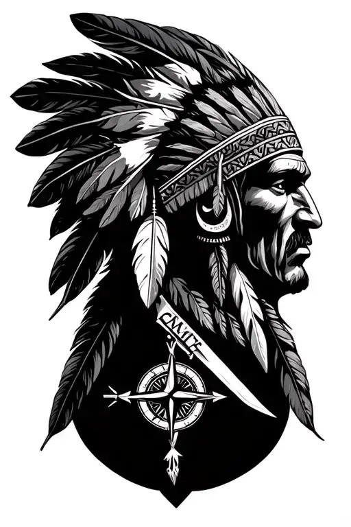 an Indian with feathers, a cross, a compass without north and a knife. tattoo design idea