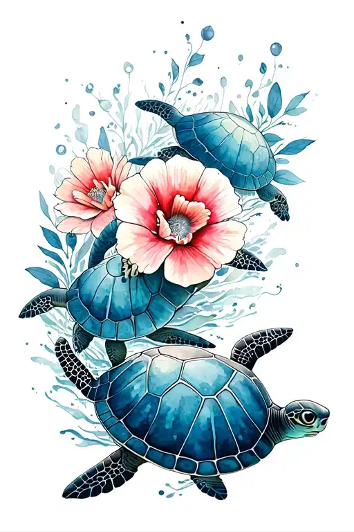 Long, narrow tattoo fineline in black white with flowers and three turtles, swimming, feminine and elegant tattoo design idea