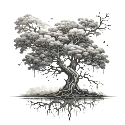 Create a tattoo of a majestic tree with roots extending into a river, representing the interconnectedness of nature and your passion for environmental education tattoo design idea