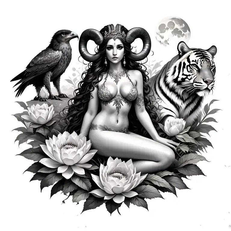 sexy aries goddess surrounded by lotus and peony flowers growing with a hawk and a tiger with a moon in the sky tattoo design idea