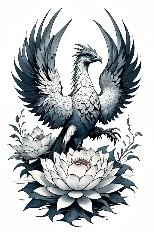 phoenix bird rising lotus flowers tattoo design idea