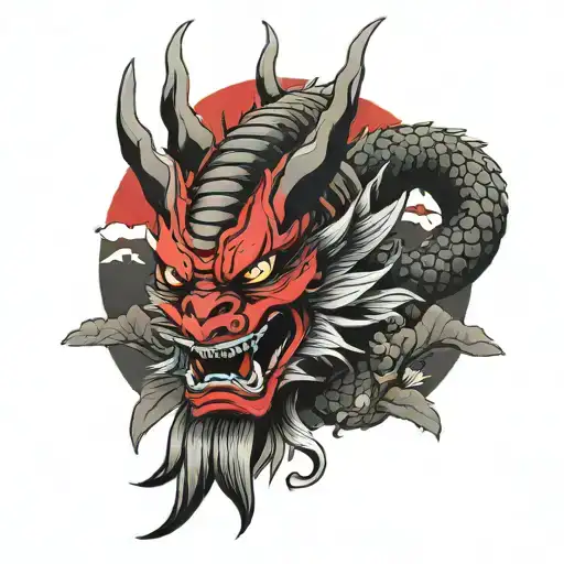 samurai sakura red moon big head dragon tattoo design idea