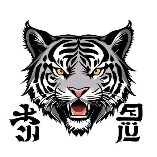 Japanese style tiger head with the word okiru tattoo design idea