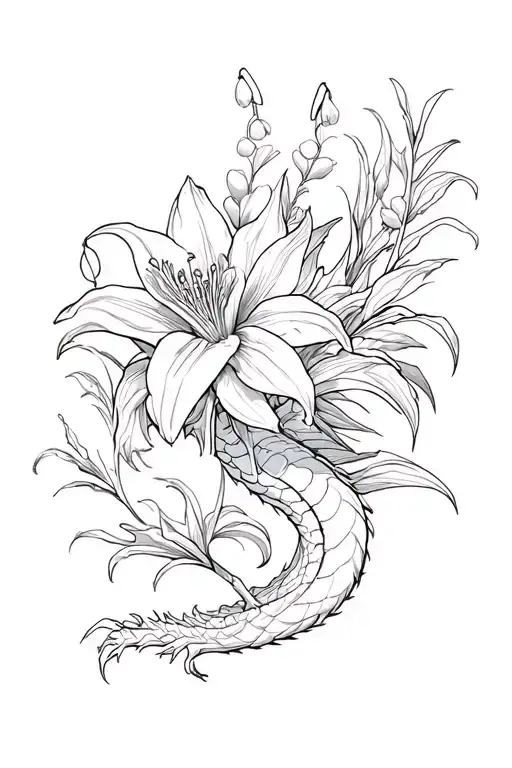 dragon, lily of the valley flower tattoo design idea