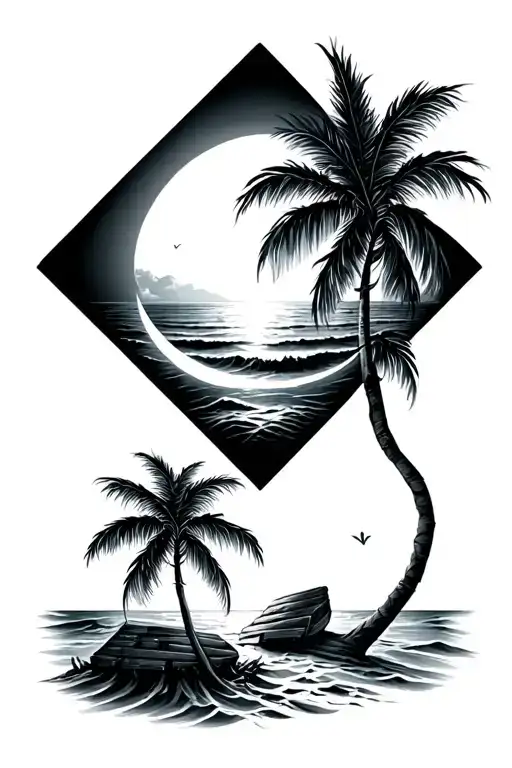 beach theme tattoo in a diamond shape outline with a half moon tattoo design idea
