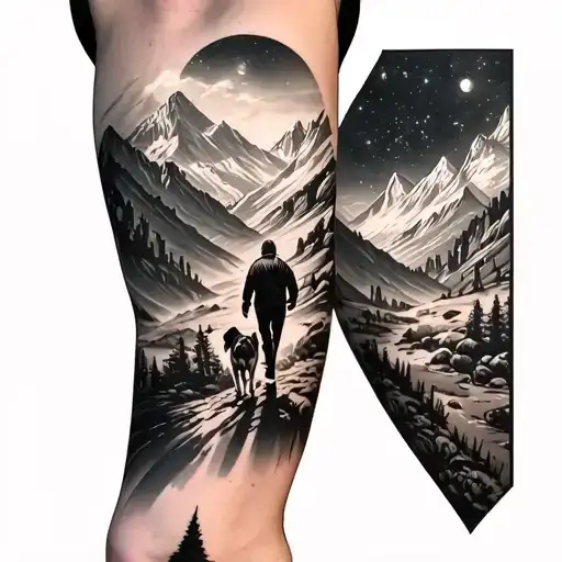 full arm sleeve dog and man walking in mountains city background outerspace tattoo design idea