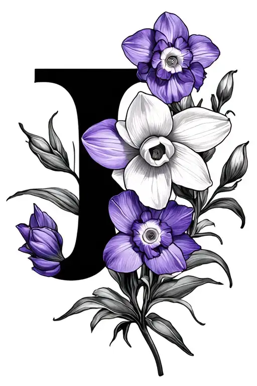 violet and narcissus forming a cross with a capital cursive j incorporated  tattoo design idea