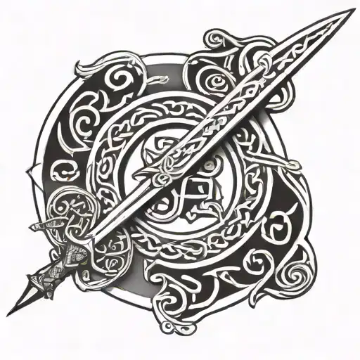 Celtic shield knot incorporating a sword and the names Aria, Aidan, Amelia tattoo design idea