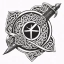 Celtic shield knot incorporating a sword and the names Aria, Aidan, Amelia tattoo design idea