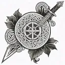 Celtic shield knot incorporating a sword and the names Aria, Aidan, Amelia tattoo design idea