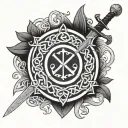 Celtic shield knot incorporating a sword and the names Aria, Aidan, Amelia tattoo design idea