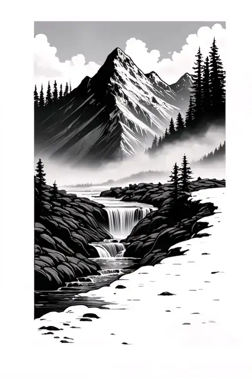 mountain with stream that turns into waterfall into river tattoo design idea