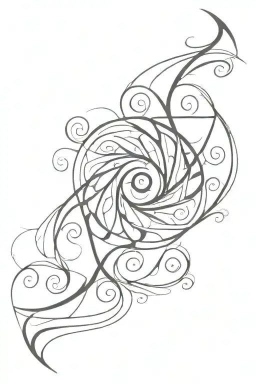 Elbow length tattoo of geometrical swirls and whirls with a feline eye in the center of the bottom tattoo design idea