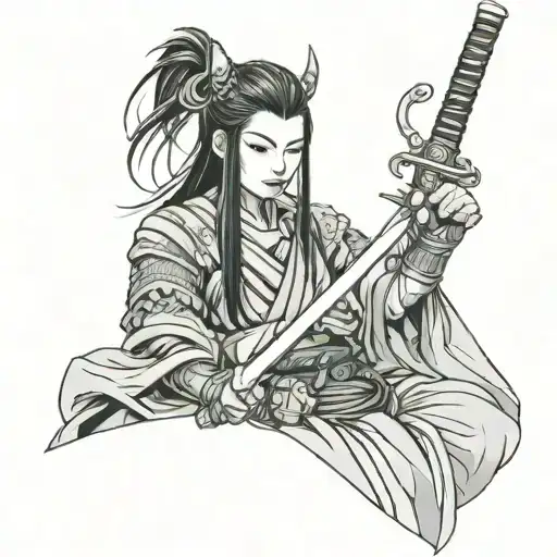 ronin girl holding sword and a mask tattoo design idea