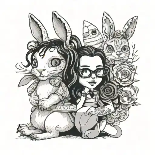 Alice liddel holding her stuffed rabbit as Tim Burton characters  tattoo design idea