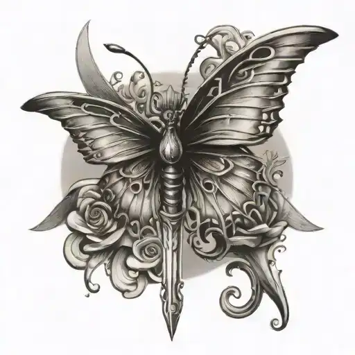Butterfly with a sword between the wings tattoo design idea