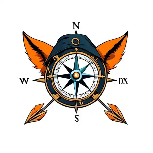 a compass with fox ears on the hat hood and north on the 4 arrows crossed tattoo design idea