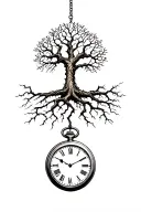 Tree of life intertwined with roots that wrap around and go into a cracked pocket watch tattoo design idea