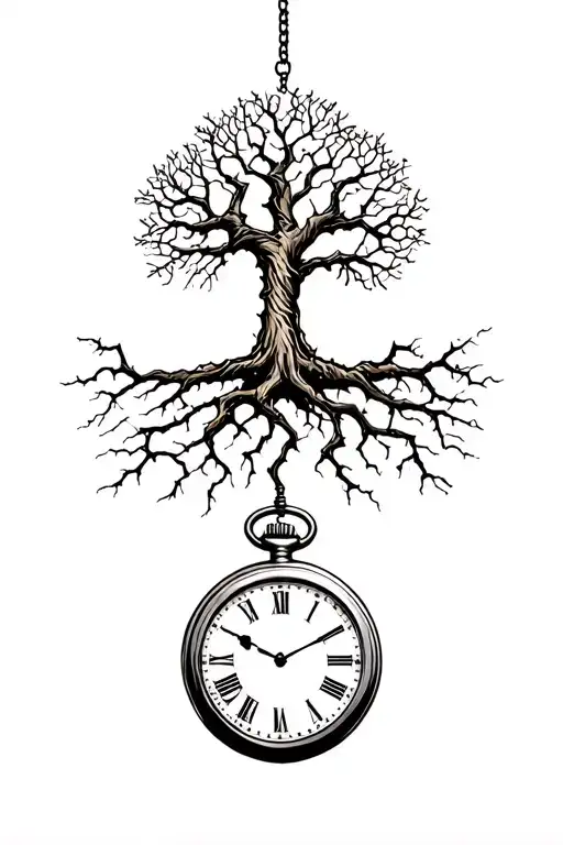 Tree of life intertwined with roots that wrap around and go into a cracked pocket watch tattoo design idea