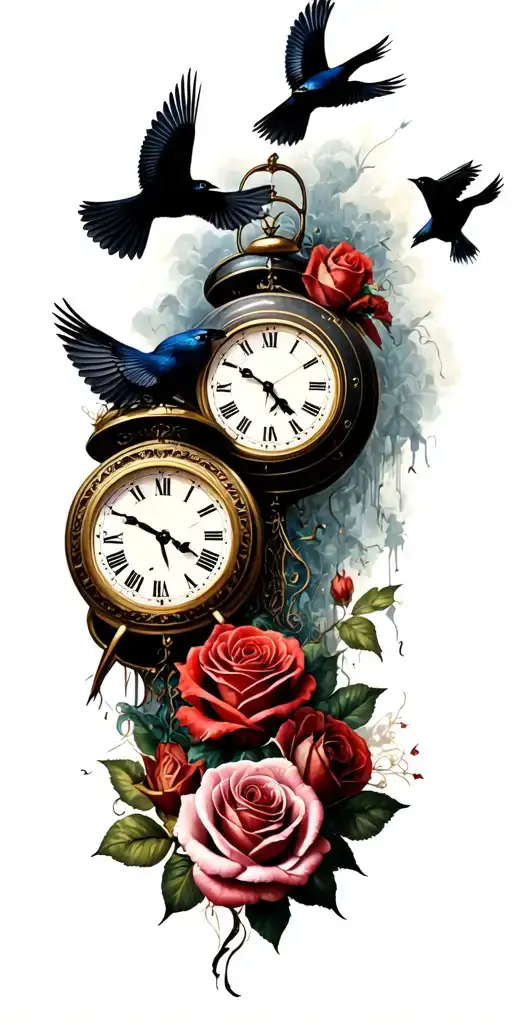 trauma, clocks, roses and thowns, black sparrows flying together tattoo design idea