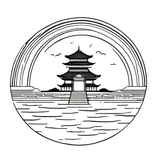 Korean temple, rainbow above and sea below.  tattoo design idea