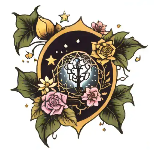 Libra flowers birds stars heart moon tree astrological symbols tattoo design idea