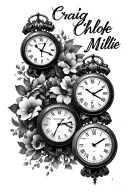 "Craig Chloe Millie" 3 clocks left shoulder tattoo design idea