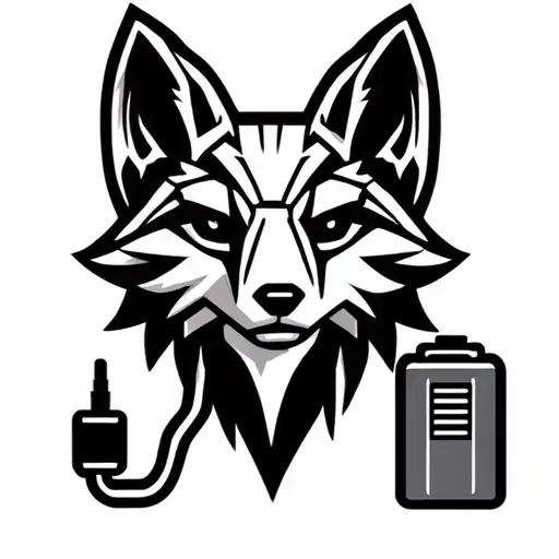 Mechanical fox head logo. Fox head is plugged into a battery. Low detail, simple design. tattoo design idea