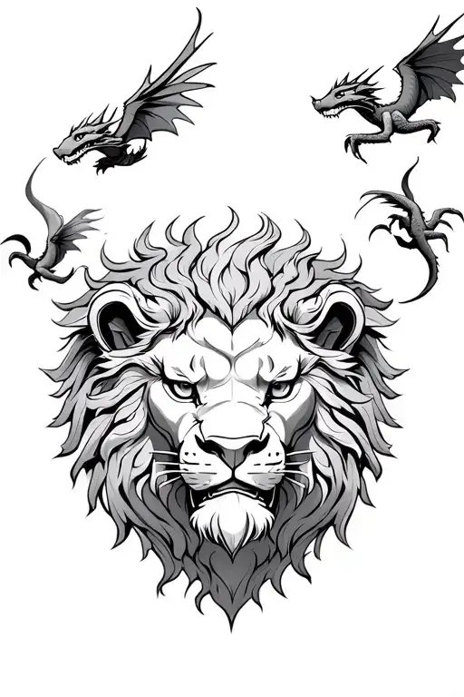 lion head surrounded by 3 dragons flying around the lion head. tattoo design idea