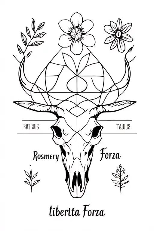 geometry design including flower of life, rosmery sprig, the words libertà and Forza and a bull skull for Taurus  tattoo design idea