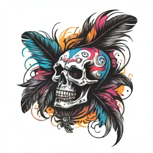 Laughing skull with inscribed feathers  tattoo design idea