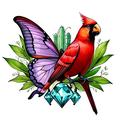 Mauve butterfly, red cardinal, green diamond ring, parrot and a cactus tattoo design idea