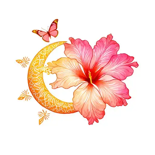hibiscus, moon, sun, beach, butterfly, mandala design incorporating tattoo design idea