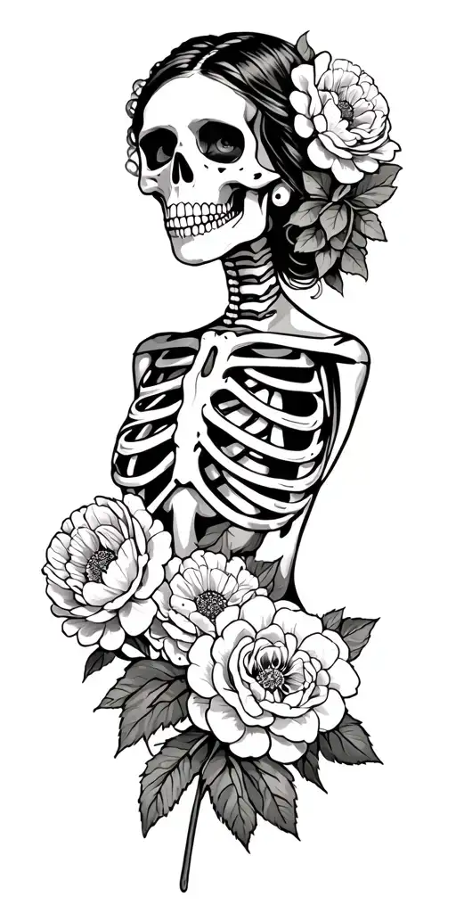 Mexican woman skeleton with carnations tattoo design idea
