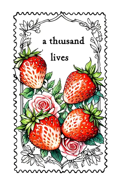 "a thousand lives" fine line postage stamp with strawberries and roses inside tattoo design idea