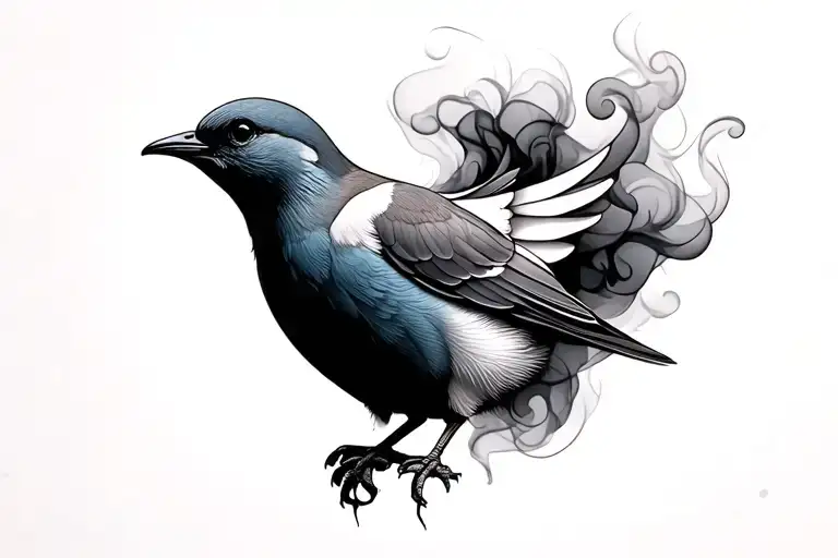 dove bird behind ear with lip marks and smoke  tattoo design idea