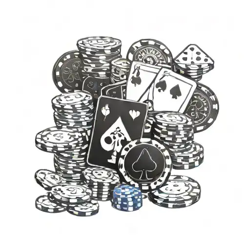 a collage of poker chips, playing cards, dice, slot reels, money, and other casino things tattoo design idea