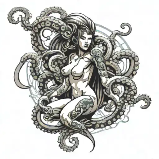 Octopus and samurai girl nude woman tattoo design idea
