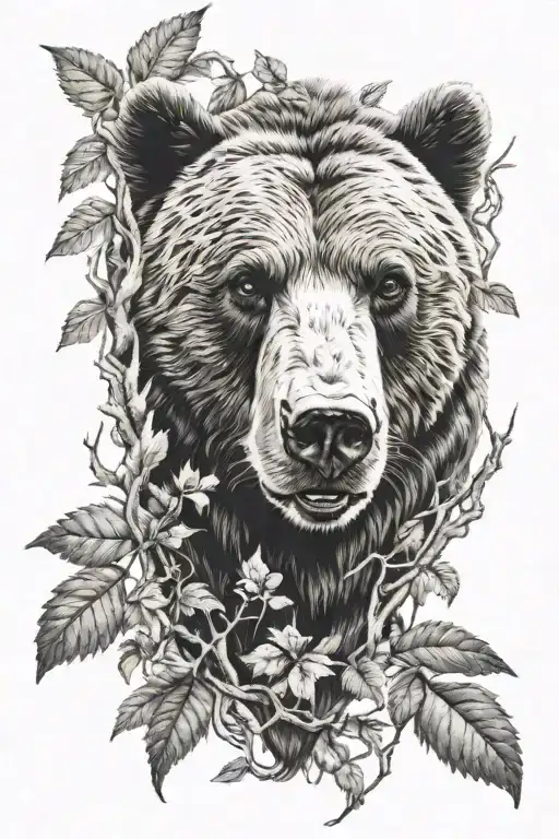 bear face in the forest close up tattoo design idea
