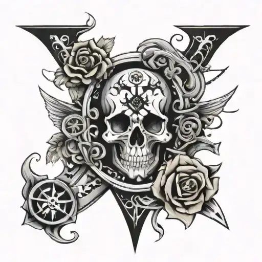 hourglass with sun and balance in the sun, a skull in the rose, and two pistols in a cross tattoo design idea