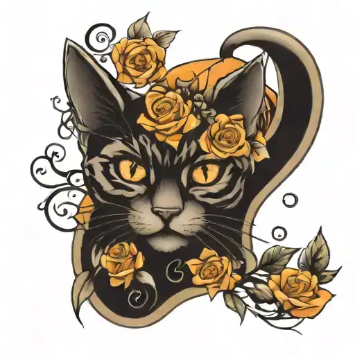 Roses, orange and black cat  tattoo design idea