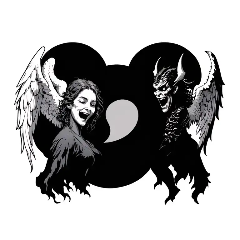 Three souls, yin-yang between them. Left: sad angel. Center: angel/demon. Right: laughing demon tattoo design idea