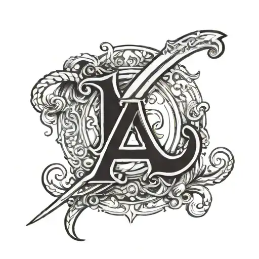 The letter A in old English Gothic writing with a pirate knife piercing it. tattoo design idea
