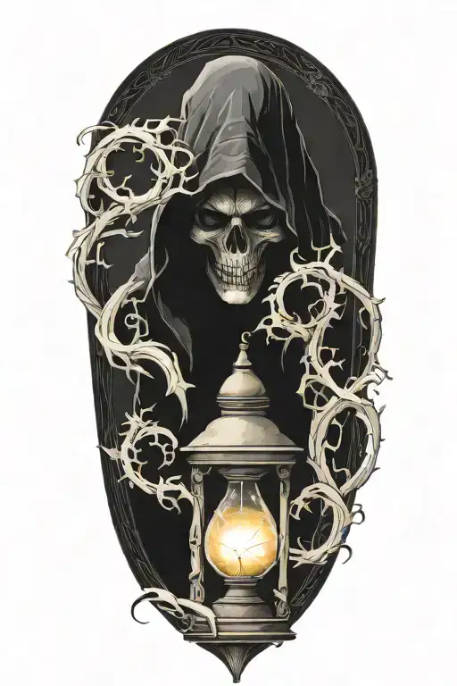Dark labyrinth, twisted and dark, hooded figure, hour glass with sand flowing upwards tattoo design idea