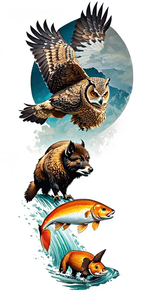 sleeve tattoo featuring, from top to bottom, a great horned owl in flight, a bison, a fox, and salmon junoing upstream tattoo design idea