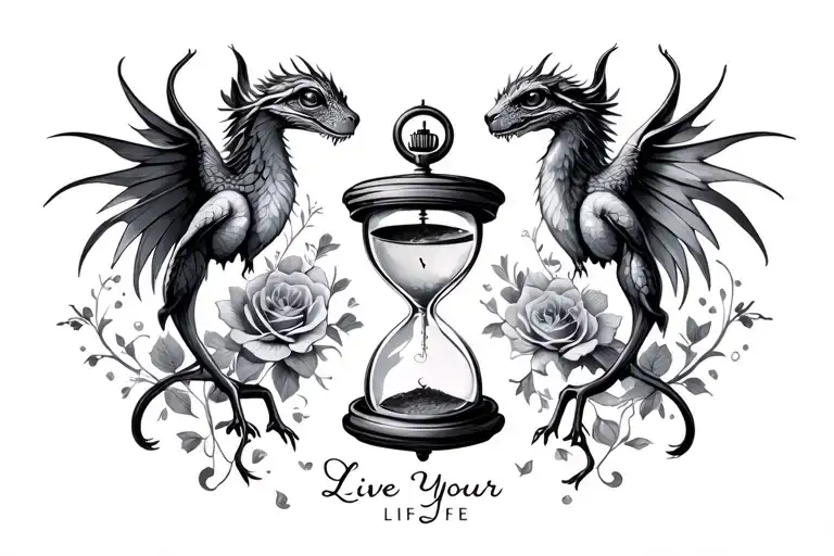"Live Your Life" "Live Your Life" hourglass and pocket watch background creatures tattoo design idea