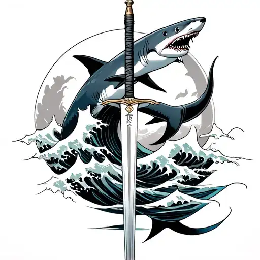 if you imagine the tattoo its a sword going down the spine with Japanese waves coming off it and 2 sharks circling aroun tattoo design idea